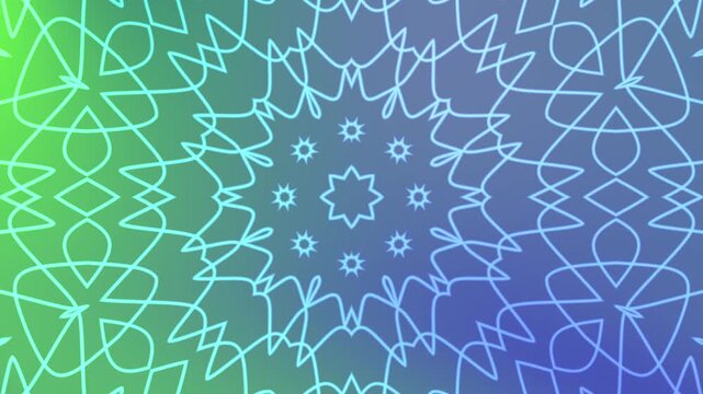 Symmetrical geometric mandala overlay line art patterns in teal blue green gradient background, suitable for modern design projects and digital backgrounds.