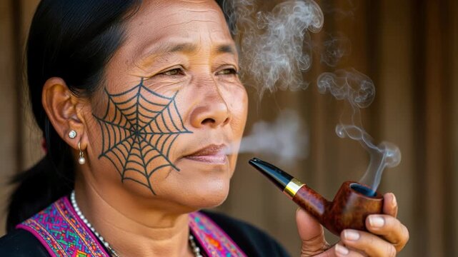 Tribal Woman Smoking Pipe: A woman with intricate facial tattoo art, smoking a pipe with a serene expression, embodying tradition and cultural identity.