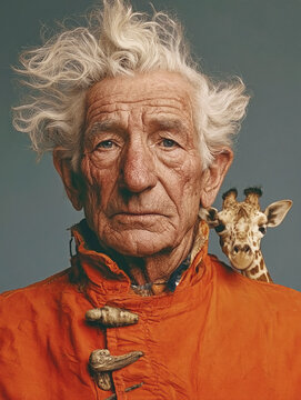 Characterful portrait of an elderly man with wild white hair and orange coat beside a curious giraffe, creating an unusual whimsical scene with copy space.