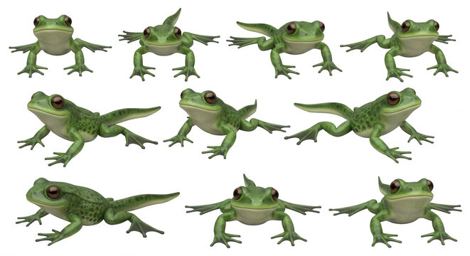 collection of green frogs in various positions on white background educational or illustrative purposes