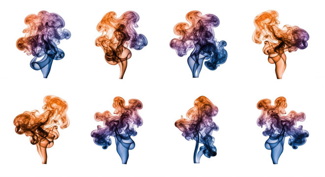 colorful smoke plumes rising against a white backdrop for artistic design or decorative purposes
