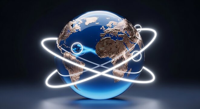 A translucent blue glass sphere containing solid bronze continents, surrounded by glowing white neon rings floating around the equator, glowing, transparent, illumination