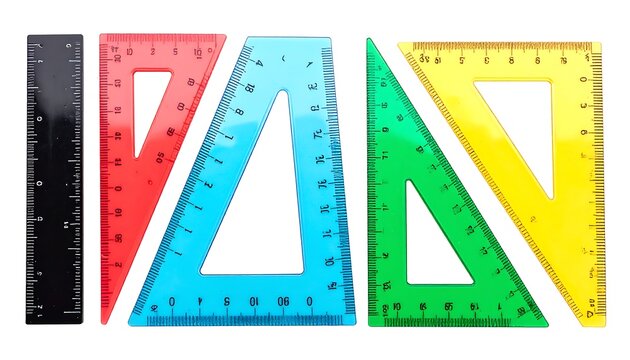 Collection of colorful geometric rulers and triangles for education and drafting.