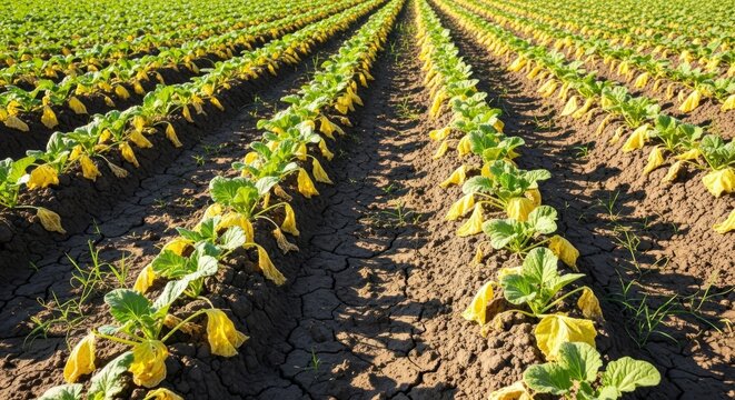 A vegetable farm field displaying rows of wilted plants with yellowing leaves and cracked, dry soil under the intense heat of a summer sun, damage, earth, brown