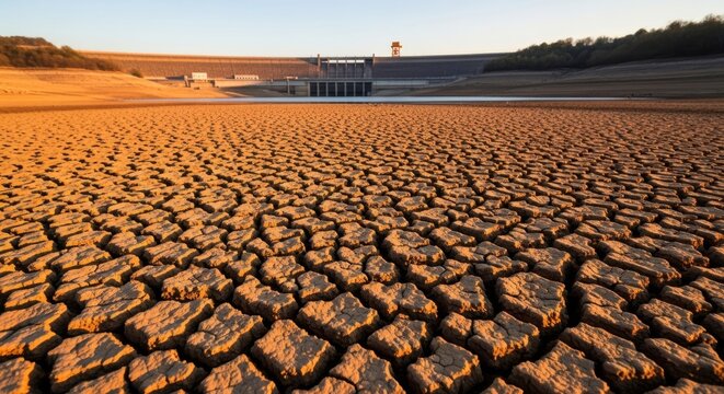 Low water levels at a massive hydroelectric dam reveal a dry reservoir bed and cracked earth during a prolonged period of severe drought, canyon, water, nature