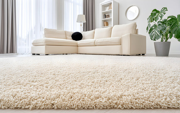 Fluffy carpet and stylish furniture on floor indoors, low angle view