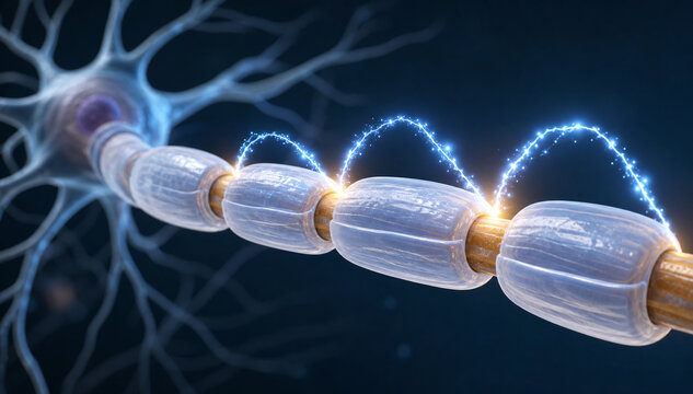 Saltatory conduction along myelinated neuron axon