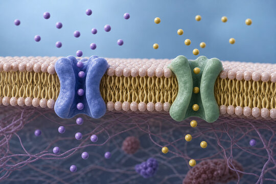 Axon membrane ion channels transporting sodium and potassium