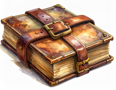 ヴィンテージな革のベルトで留められたアンティークな魔導書/Vintage fantasy grimoire tied with leather strap, watercolor clipart