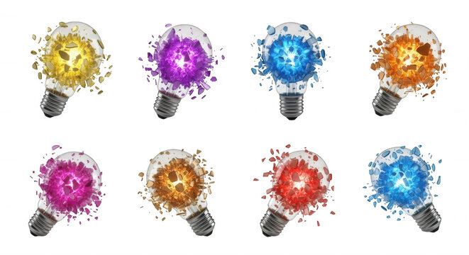 exploding colored lightbulbs on white innovative ideas concepts and creativity great for design and advertising