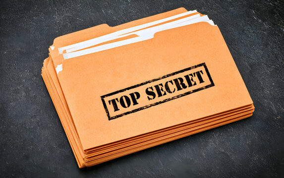 Yellow file with documents and Top Secret stamp on black table, top view