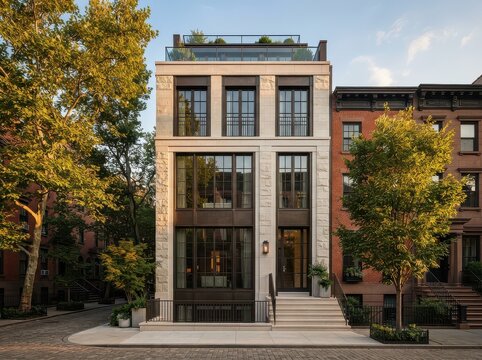 Modern narrow townhouse with tall windows beside older brick houses