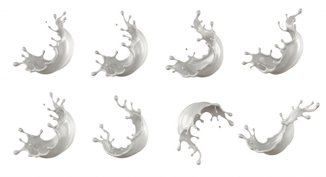 liquid splashes of white substance frozen in motion against white backdrop suggestive of beverage use or cosmetic applications