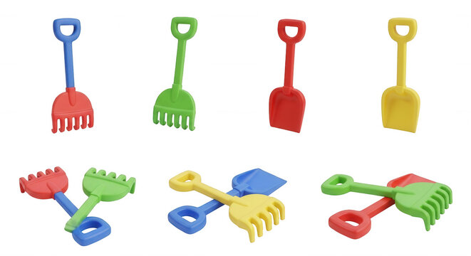 colorful plastic toy shovels and rakes isolated on white play at the beach or sandpit with simple background