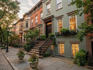 Fototapeta premium Green and brick row houses with planters and lit windows