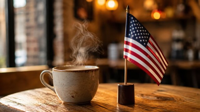 Close up of a steaming coffee mug and a small American flag on a wooden table in a cozy cafe. National Coffee Day USA concept