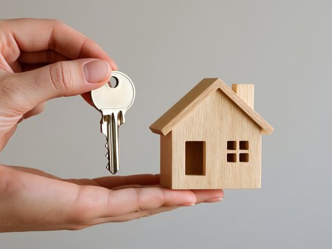 小さな木製の住宅模型の隣で新しい家の鍵を差し出す手のひら