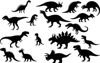 Collection of dinosaur silhouettes in black against a white background for graphic design and education © arfina
