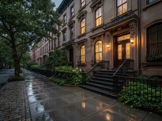 Fototapeta premium Brownstone townhouses with wet sidewalk and black railings
