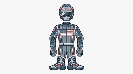 Obraz premium Vector illustration of a professional motorsports racing gear set including a protective helmet, fireproof suit, gloves, and boots featuring American flag motifs and colors.