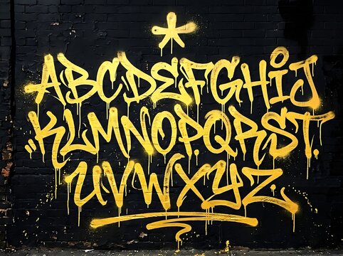 Golden graffiti alphabet letters on black wall, street art style typography set.