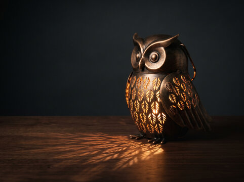Small owl shaped lantern casting feather patterned light