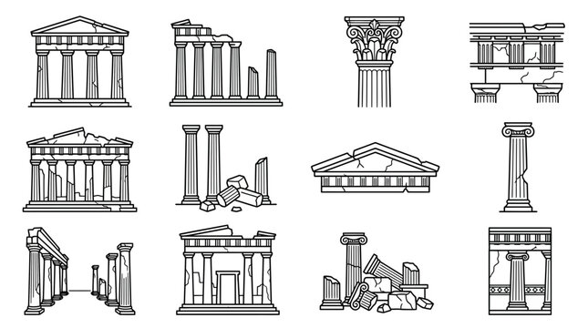 Ancient Greek Ruins Set Temples Columns Pediments Isolated Vector Illustrations