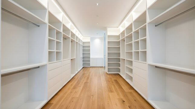 Empty Modern Walk-in Closet with White Shelving and Wooden Floor
