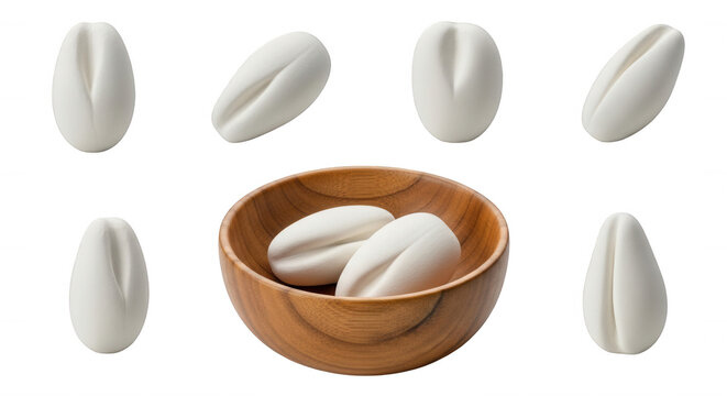 whitish oblong shapes presented in diverse angles in a wooden bowl and on white for product presentation