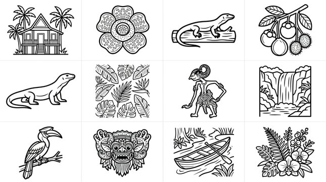 Collection of Indonesian Cultural and Nature Icons House Rafflesia Flower Komodo Dragon Fruits Wildlife Waterfall Boat Mask