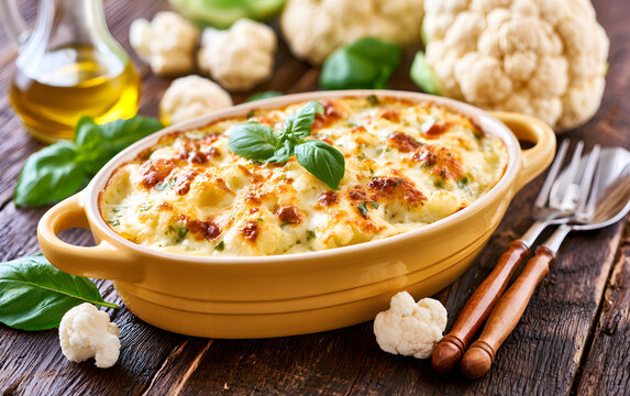 Cauliflower casserole with cheese and milk sauce in a baking dish on wooden table