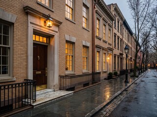 Fototapeta premium Brick townhouse street with wet sidewalk and illuminated windows