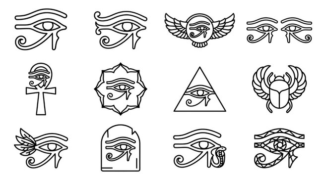 Collection of Egyptian Eye of Horus Symbols and Scarab Beetle Isolated Icons on Transparent Background