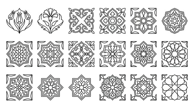 Collection of Ornamental Islamic Geometric Patterns and Floral Motifs Black Line Art on Transparent Background