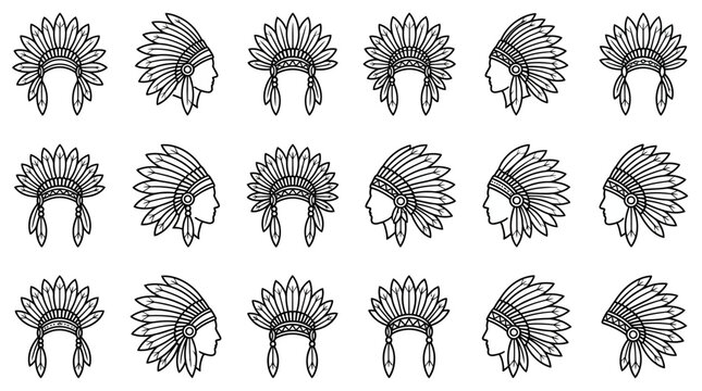Native American Headdress Icons Diverse Angles of Feathered Warbonnet Indigenous Culture Symbols Isolated on Transparent Background