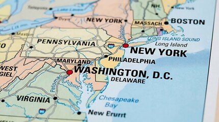 Naklejka premium Map of the Mid-Atlantic United States depicts the coastline and major cities from Washington D.C. to New York.