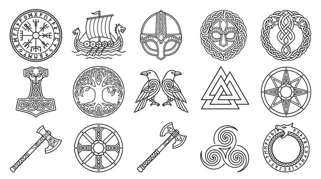 Norse Viking Symbols Collection Thors Hammer Helm of Awe Runes Longship Tree of Life Valknut Ravens