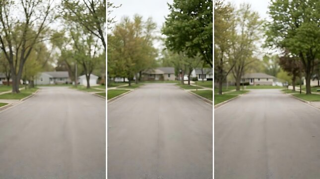 Empty suburban street scene with green trees and houses in a quiet neighborhood, illustrating a conceptual flame-35 mph speed limit zone.
