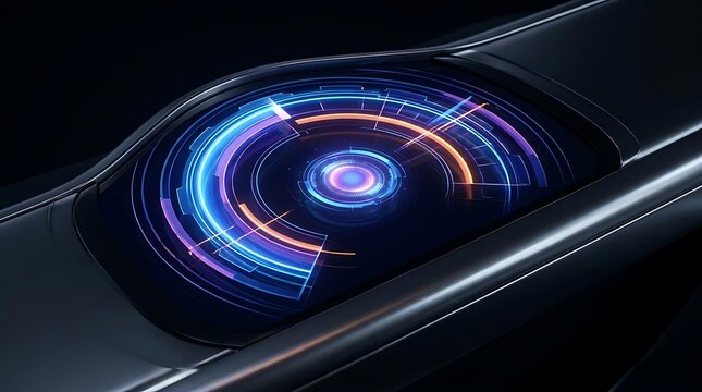 Futuristic digital dashboard interface showcasing a glowing circular telemetry gauge representing a flame-35 mph speed display on a sleek console.