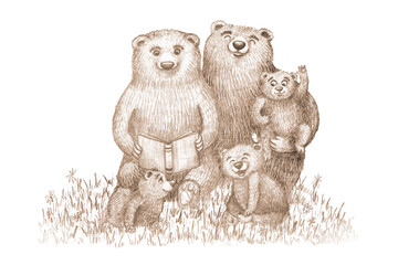 Hand drawn pencil illustration of a bear family in a meadow. A graphite pencil drawing for Family Day greeting cards and invitations to World Read Aloud Day. © andrey