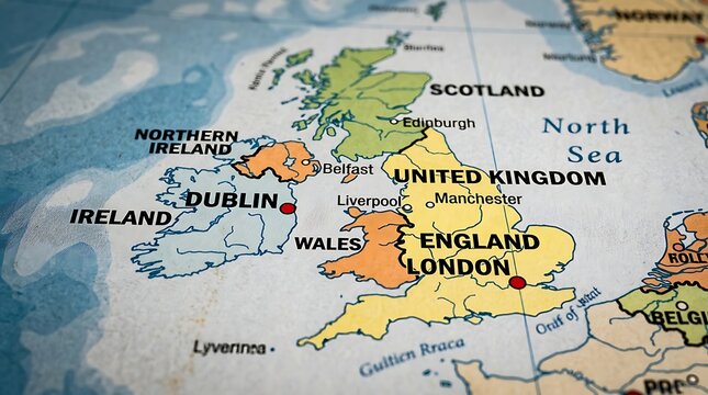 Map of the British Isles displays the political borders of the United Kingdom and the Republic of Ireland clearly.