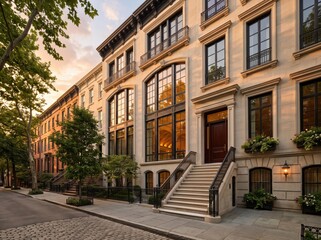 Fototapeta premium Limestone townhouse row with arched windows at sunset