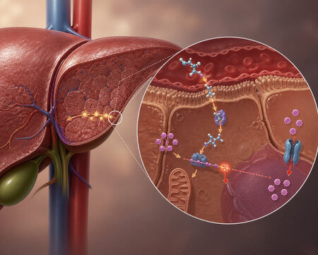 Liver mechanism reducing glucose production scientific illustration