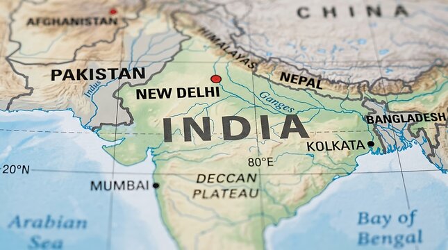 India occupies the central portion of this detailed physical map showing neighboring Asian countries.