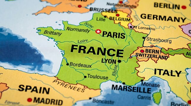 France appears on a printed world map with visible borders and major city names highlighted in black.
