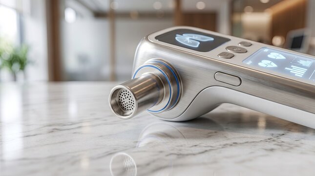 Handheld medical respiratory analyzer with digital display and stainless steel mouthpiece on
