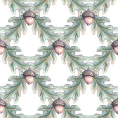 Oak leaves and acorn grid seamless pattern. Hand drawn watercolor green leaf with brown plant in diamond arrangement. Woodland graphic for seasonal design. Decorative repeat for fabric or wallpaper. © NadyaSaen 