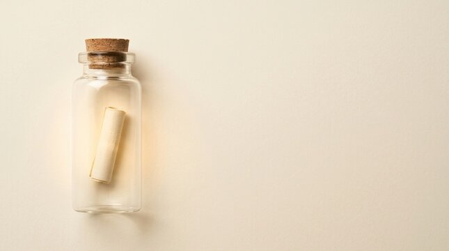 Message in bottle, hidden message, communication concept with paper scroll inside glass bottle.