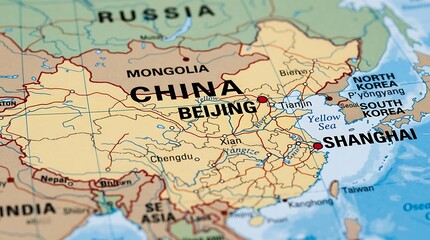 Fototapeta premium China occupies a central position on a colorful world map featuring geopolitical boundaries.