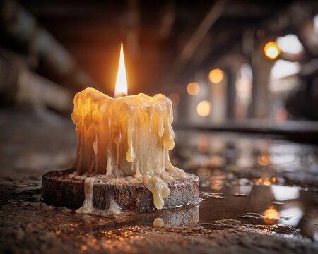 Aged Candle Glowing On Rusted Metal In A Moody Utility Tunnel